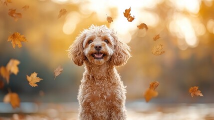 An adorable dog, full of joy, stands among swirling autumn leaves, perfectly capturing the essence of the fall season and conveying a sense of liberation and delight.