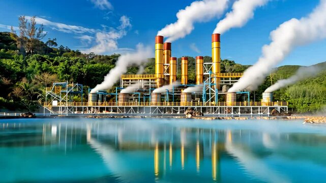 Geothermal energy plant emits steam while adjacent water reflects vibrant surroundings on a clear sunny day