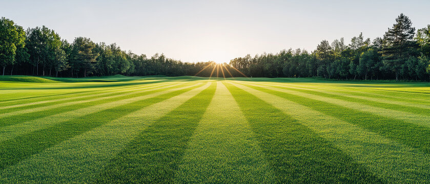wide angle view of manicured golf course at sunrise, showcasing vibrant green grass and beautiful tree lines. sun casts rays across landscape, creating serene atmosphere