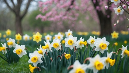 Fototapeta premium White and yellow daffodils blooming in a park meadow during springtime. Abundant daffodils. Springtime background.