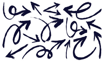 Hand Drawn  Marker Drawn Arrows Set. Black Bold Pointers, Arrow Icons. Direction Elements, Curve Dry Brush Strokes. Template Different Curved Arrows. Marker Drawing. Vector Illustration Marker Arrows.
