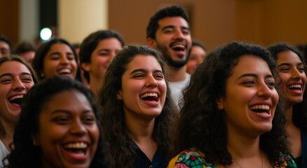 Fototapeta premium Diverse group of young adults laughing together, authentic joy and friendship captured in candid moment, multicultural unity and genuine happiness, youth community concept
