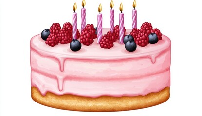 Pixel Art Birthday Cake with Pink Frosting and Berries