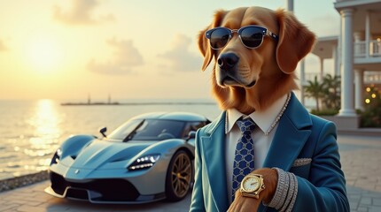 A fashionable dog in a blue suit and sunglasses poses by a luxury sports car, exuding wealth and sophistication against a sunset backdrop