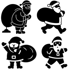 Four festive Santa Claus figures are depicted as vector graphic elements. Each Santa has a bag of gifts and wears a hat. The illustrations can be used to add Christmas spirit to designs.