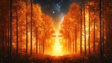 Fototapeta premium Glowing autumn forest path at night.