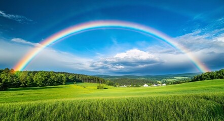 Scenic Rainbow Over Green Field with Forest and Blue Sky Above