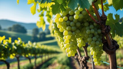 Naklejka premium white wine grapes in vineyard with hill in the background