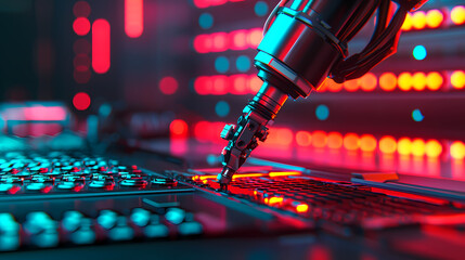 A close-up of a robotic arm interacting with a high-tech interface, illuminated by vibrant red and blue lights, showcasing advanced technology and design.