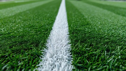 White diagonal line on textured artificial grass on a sports field for soccer, close-up. Boundary line of a sports grass field.