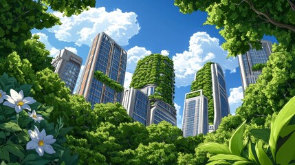 Obraz premium Pixel Art Cityscape Immersed in Lush Greenery Under a Sunny Sky