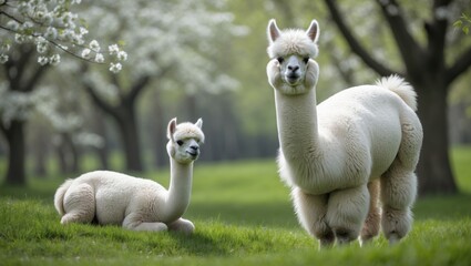 Obraz premium White Alpaca and its young, mammal