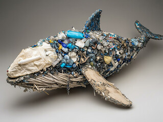 Fototapeta premium Whale sculpture covered with plastic trash raising awareness of ocean pollution