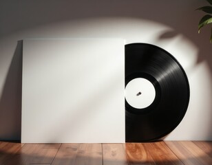 Vinyl record mockup with blank album cover on wooden table.