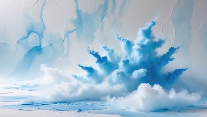 Textured on wet white paper watercolor, light sky blue brush strokes create a watercolor backdrop. Abstract blue powder splatters form a dynamic background, capturing the freeze motion of color pow...