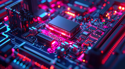 Obraz premium A close-up view of a circuit board, illuminated with vibrant blue and red lights, showcasing the intricate details of electronic components.