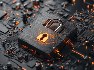 Closed padlock protecting digital data on circuit board