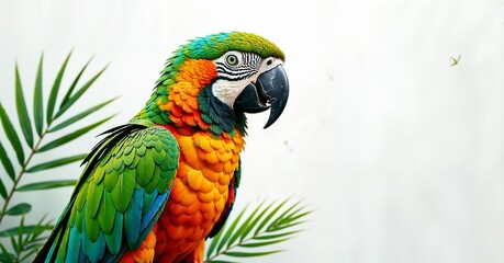 Fototapeta premium A vibrant macaw parrot with colorful plumage is depicted in a close-up shot, positioned against a light background with subtle leaf details.