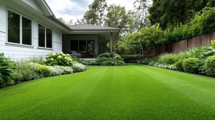 This image showcases a lush green lawn accompanied by a vibrant display of flowers and plants, creating a inviting backdrop for outdoor gatherings and relaxation.