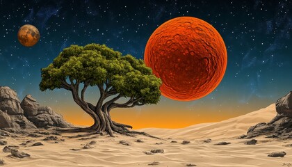 Pixel Art Desert Landscape with Lone Tree and Orange Planet