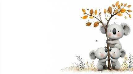 Adorable koala family climbing a tree, surrounded by autumn leaves. A charming illustration perfect for children's themes.