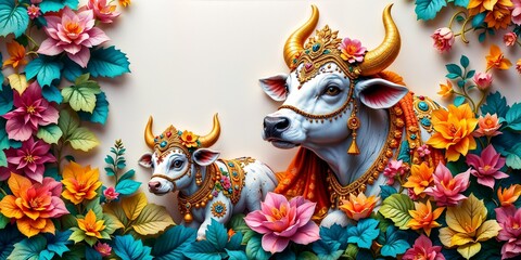 Two decorated cows, possibly representing a mother and calf, are depicted amidst a vibrant floral setting, suggesting a cultural or festive theme and wallpaper.
