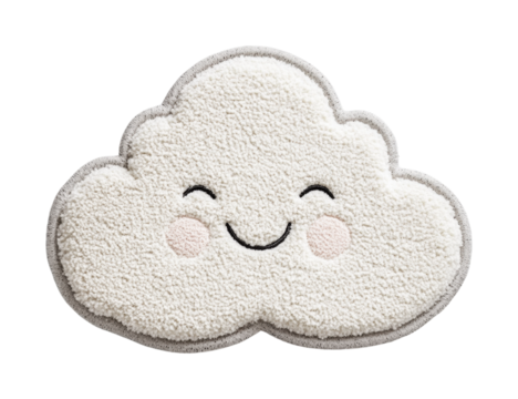 Smiling cloud-shaped plush rug with embroidered happy face, cut out - Powered by Adobe