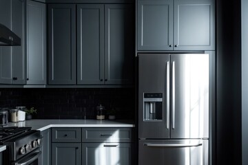 Fototapeta premium Modern kitchen with dark gray cabinets, stainless steel refrigerator, and black tile backsplash.