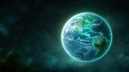 Obraz premium A vibrant image of Earth from space, showcasing its continents, oceans, and atmospheric glow against a dark, starry backdrop.