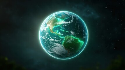 A vibrant, glowing representation of Earth in space, showcasing its oceans and continents against a dark background.