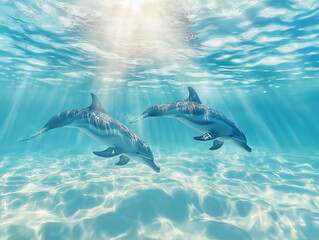 Fototapeta premium Two dolphins swimming in the ocean under sunlight beams