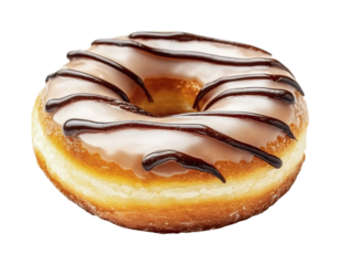 Chocolate drizzled glazed doughnut on white background, cut out