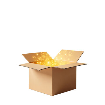 Cardboard box with sparkling light effect and transparent background