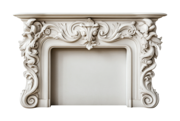 Ornate baroque fireplace mantel with classical sculpted details and cherubs, cut out