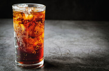 Cola soft drink with ice cubes, soda pop fizzy drink in Cold glass on gray background