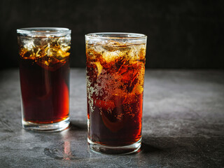 Cola soft drink with ice cubes, soda fizzy drink in Cold two glass on gray background