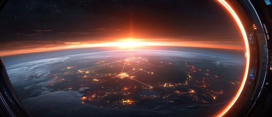 A stunning view of Earth from space at sunrise, showcasing a vibrant horizon and city lights against the backdrop of the dark sky.
