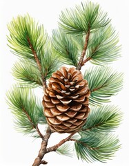 Generated image Pine branch with pine cone isolated on background, Conifer branch watercolor botanical paint