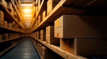 Fototapeta premium A dimly lit storage room showcases neatly stacked cardboard boxes on wooden shelves, creating an organized and industrial atmosphere.