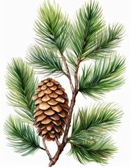 Generated image Pine branch with pine cone isolated on background, Conifer branch watercolor botanical paint