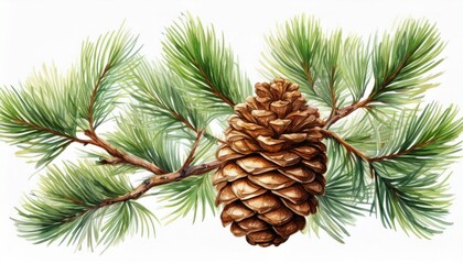 Generated image Pine branch with pine cone isolated on background, Conifer branch watercolor botanical paint