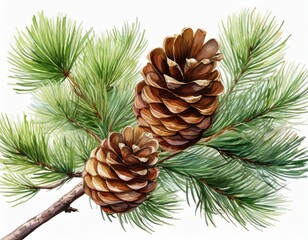 Generated image Pine branch with pine cone isolated on background, Conifer branch watercolor botanical paint