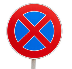 Circular No stopping traffic sign with a thick red border, a white center with four blue quarter...