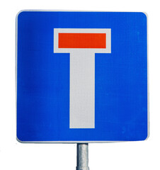 Dead end. Blue background traffic sign. It depicts a white rectangle with a short red horizontal...