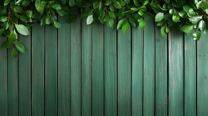 A beautifully textured wooden fence is shown, adorned with vibrant green leaves overhead, conveying a serene atmosphere perfect for outdoor spaces and gardens.