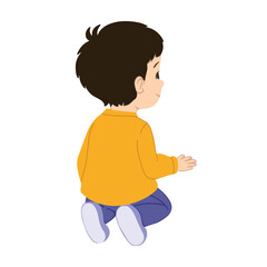 Cute little boy sitting on the floor and looking at something. Vector illustration