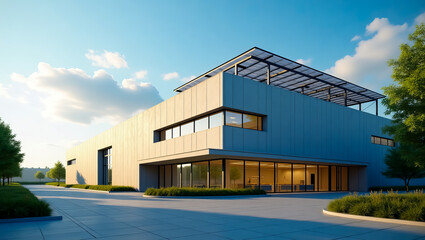 Obraz premium Modern Architectural Design Contemporary Office Building Exterior Sunlight Clean Lines Minimalist Structure Elegant Facade Professional Workspace 