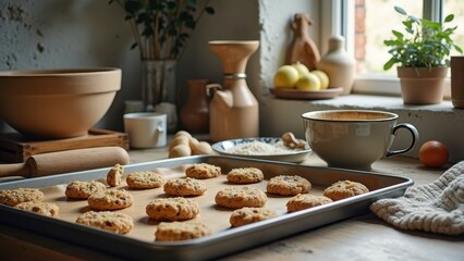Rustic kitchen scene with freshly baked cookies on tray by sunlit window
