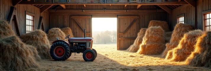 Vintage tractor in sunlit barn with haystacks