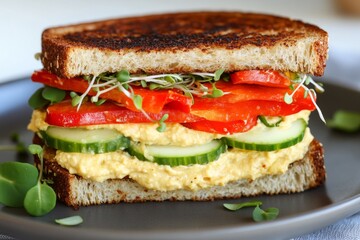 A vibrant vegetarian sandwich with hummus, roasted red peppers, cucumber, and sprouts, on whole-grain bread